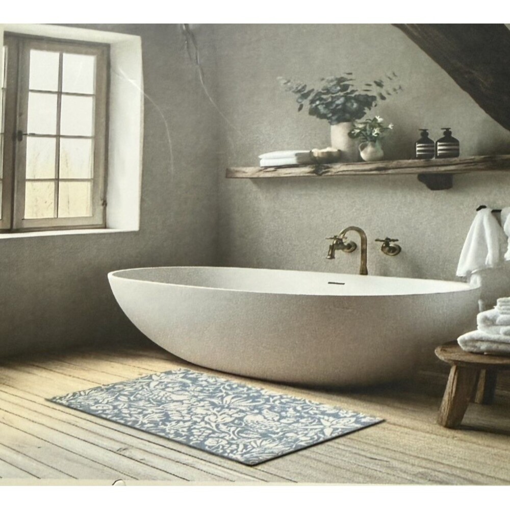 Morris & Co Bathmat Strawberry Thief Floral Blue Washable Memory Foam Non-skid